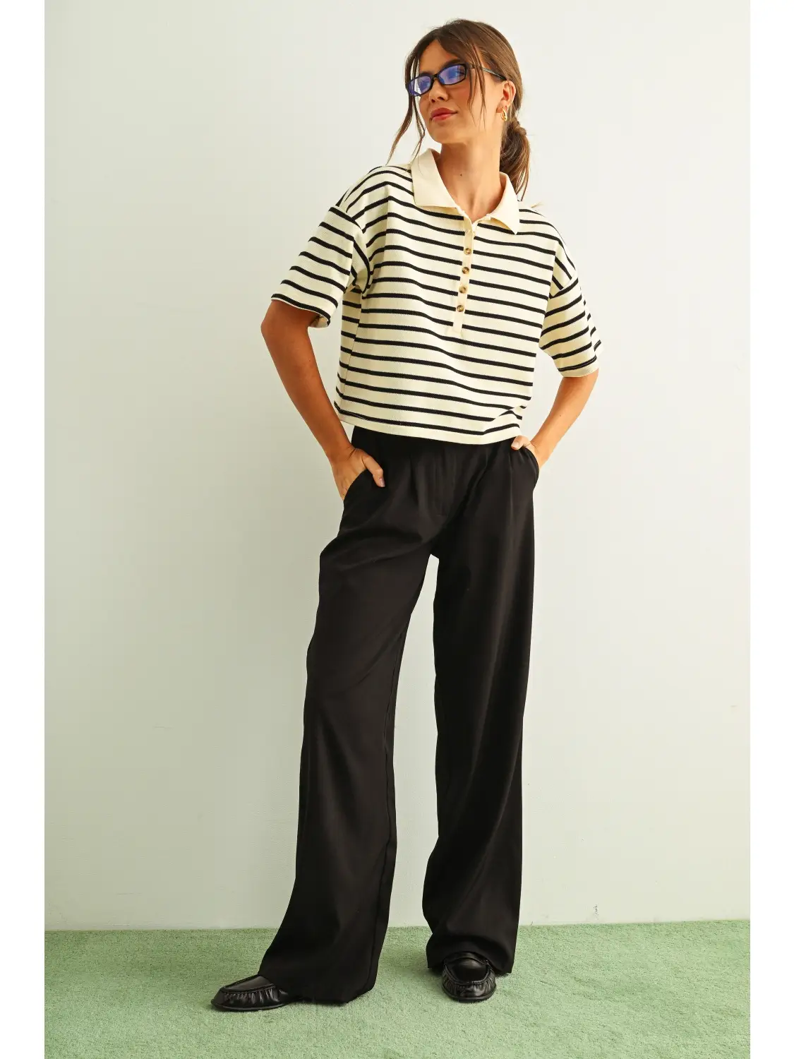 Stripe Pattern Short Sleeve Polo Shirts - CREAM & BLACK
