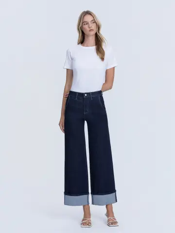 High Rise Dark Wash Cuffed Ankle Wide Leg Jeans - REVENUE
