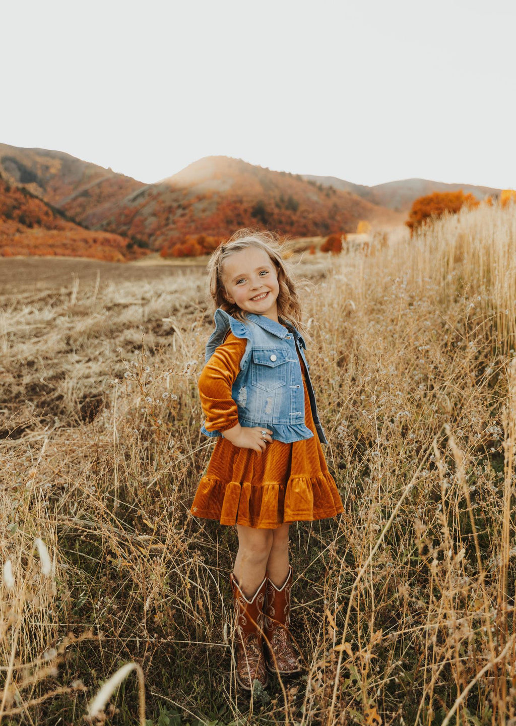 BROWN CORDUROY RUFFLE GIRL DRESS