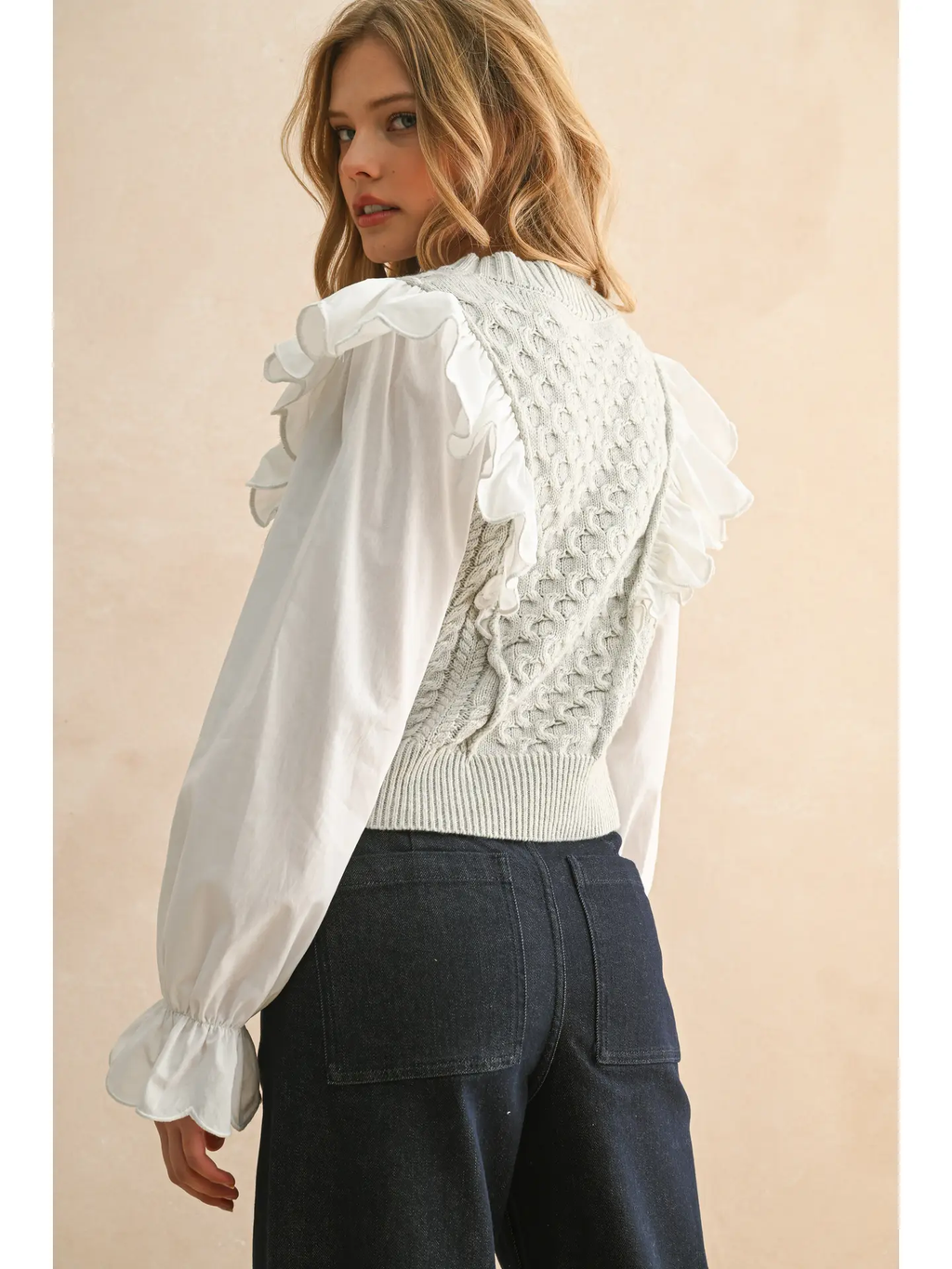 Ruffle Trimmed Long Sleeve Sweater Combo Blouse