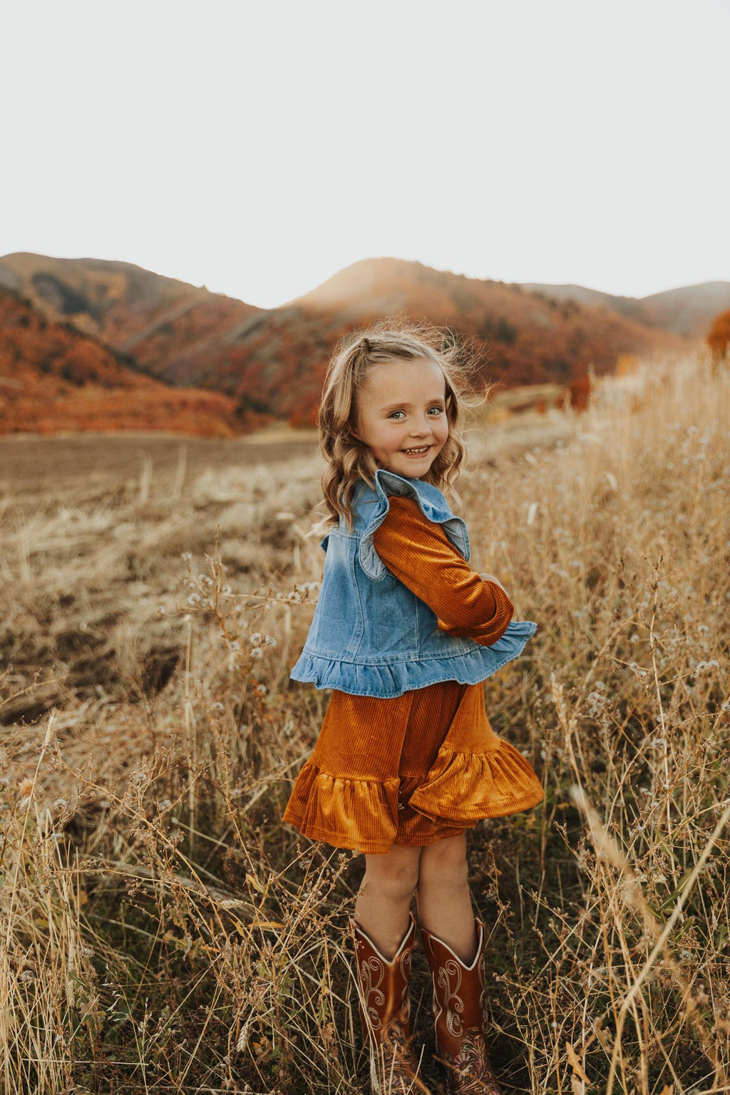 BROWN CORDUROY RUFFLE GIRL DRESS