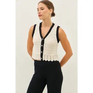 V-Neck Button-Down Crochet Sweater Top with Scallop Hem