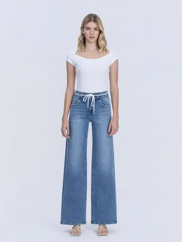 High Rise Double Buttons Drawstring Wide Leg Jeans
