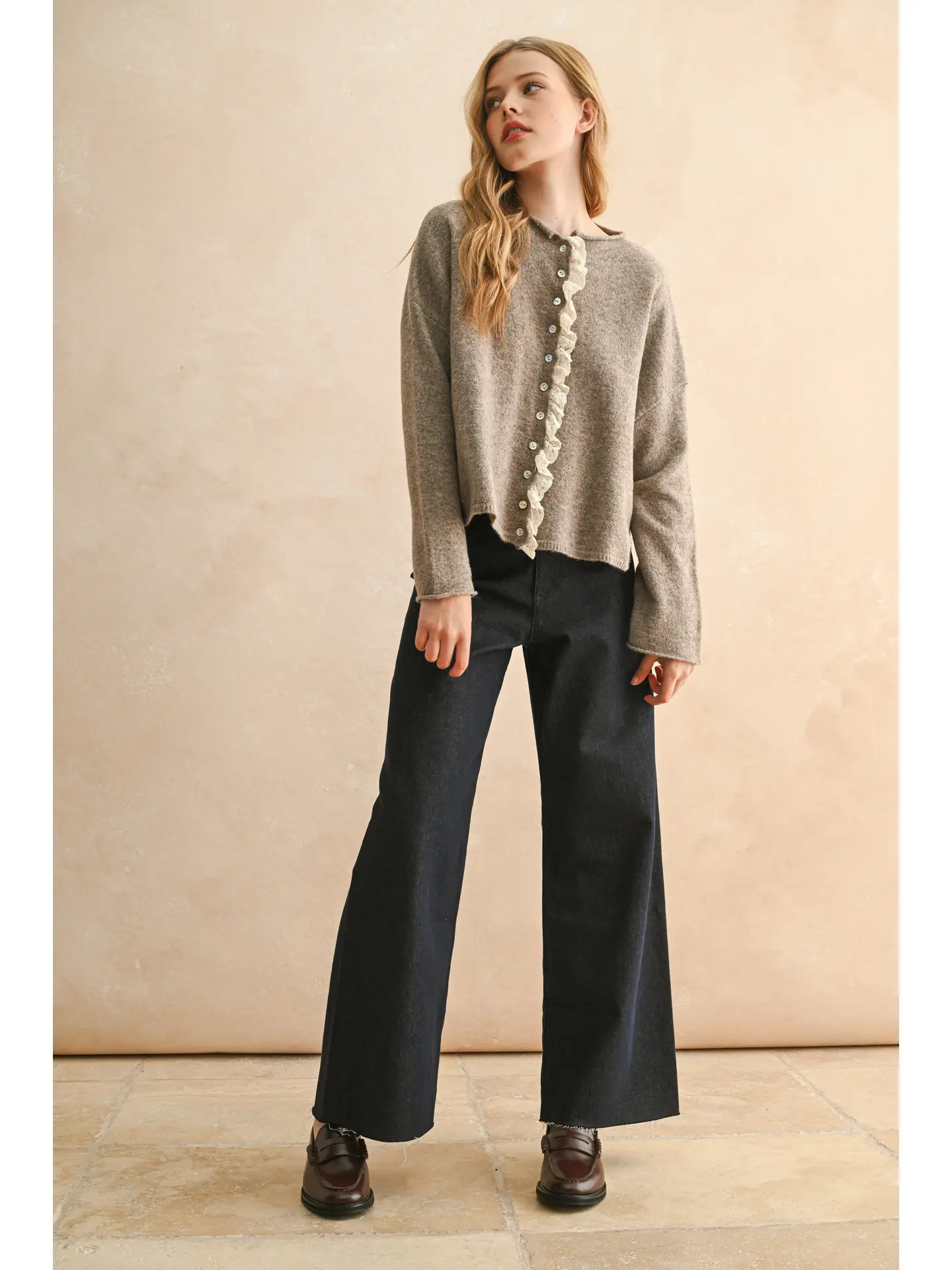 Button Front Lace Trim Knitted Cardigan - MOCHA