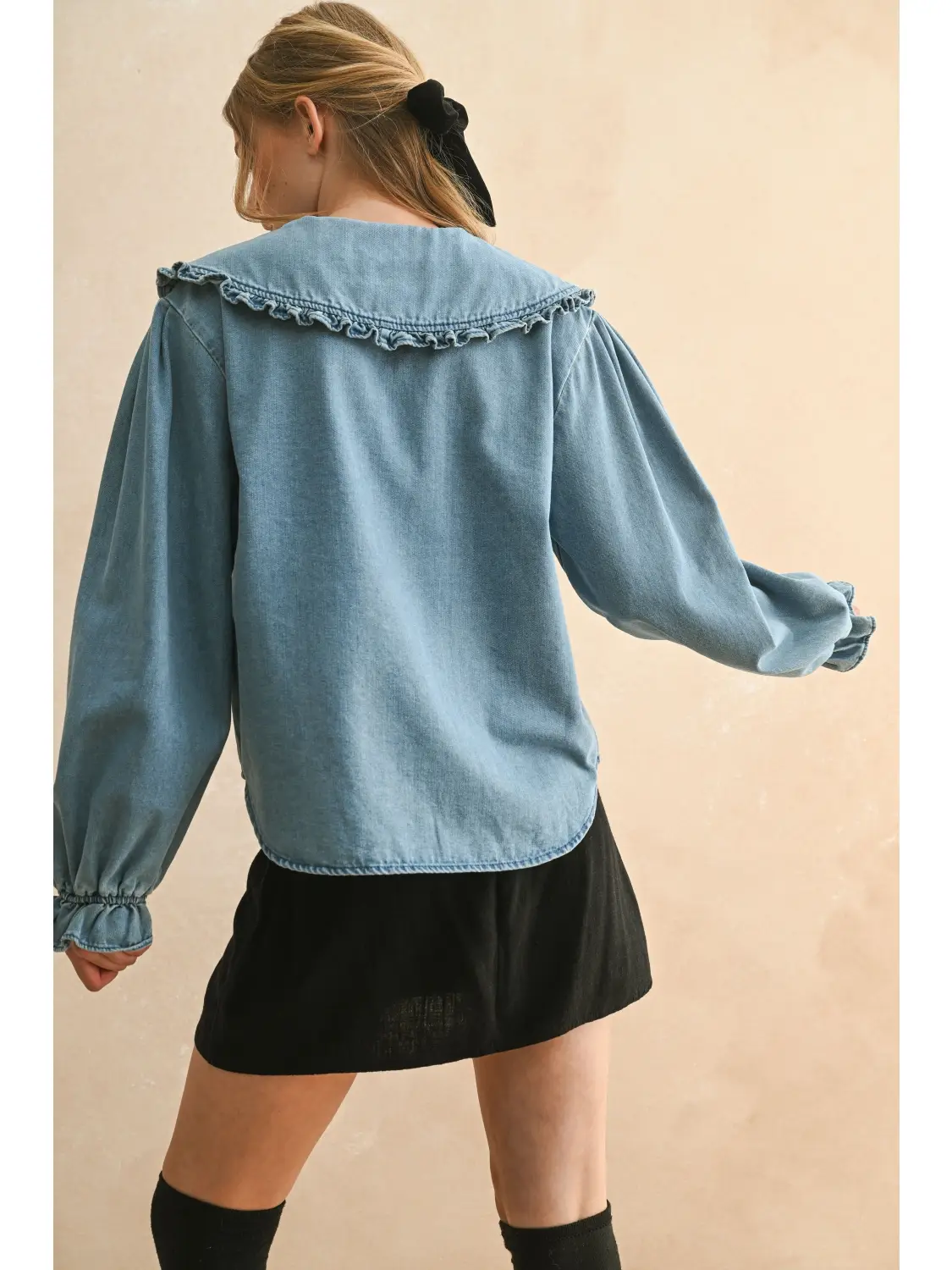 Ruffled Trim Collar Denim Shirt
