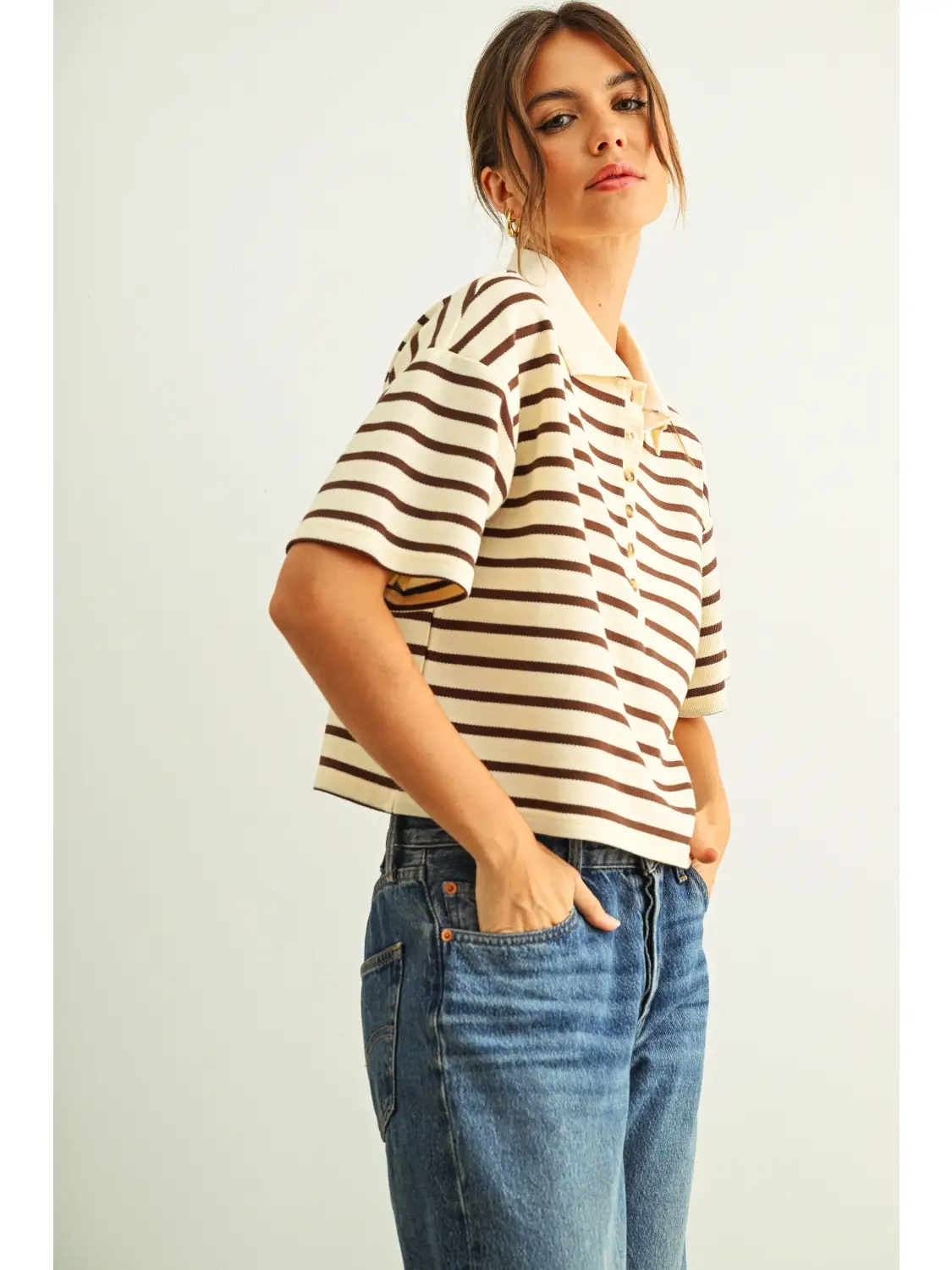 Stripe Pattern Short Sleeve Polo Shirts - CREAM & BROWN