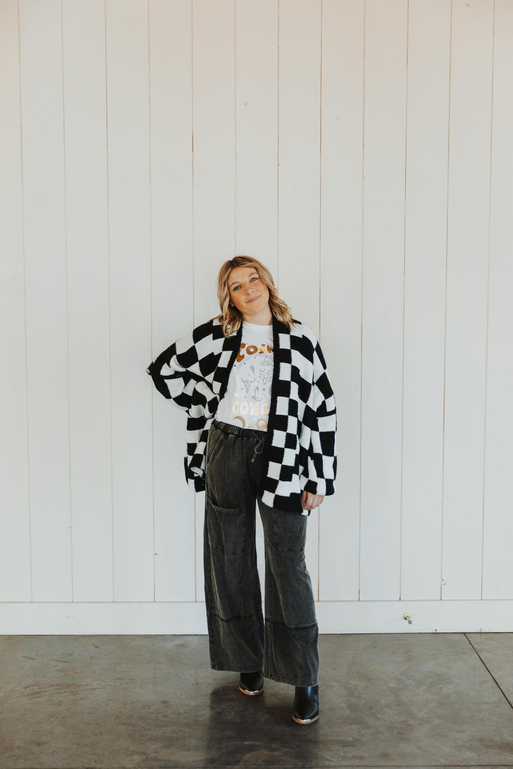 Check Dropped Shoulders Cardigan - Black & White