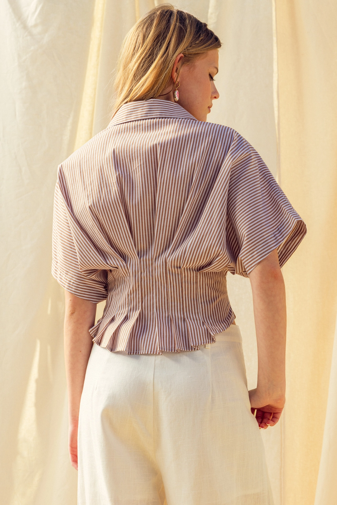 Stripe Button Front Shirts with Pleated Waist Detail