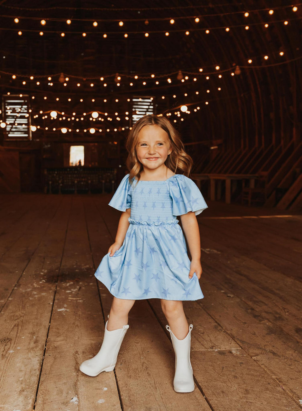BLUE STAR SMOCKED RUFFLE GIRL DRESS