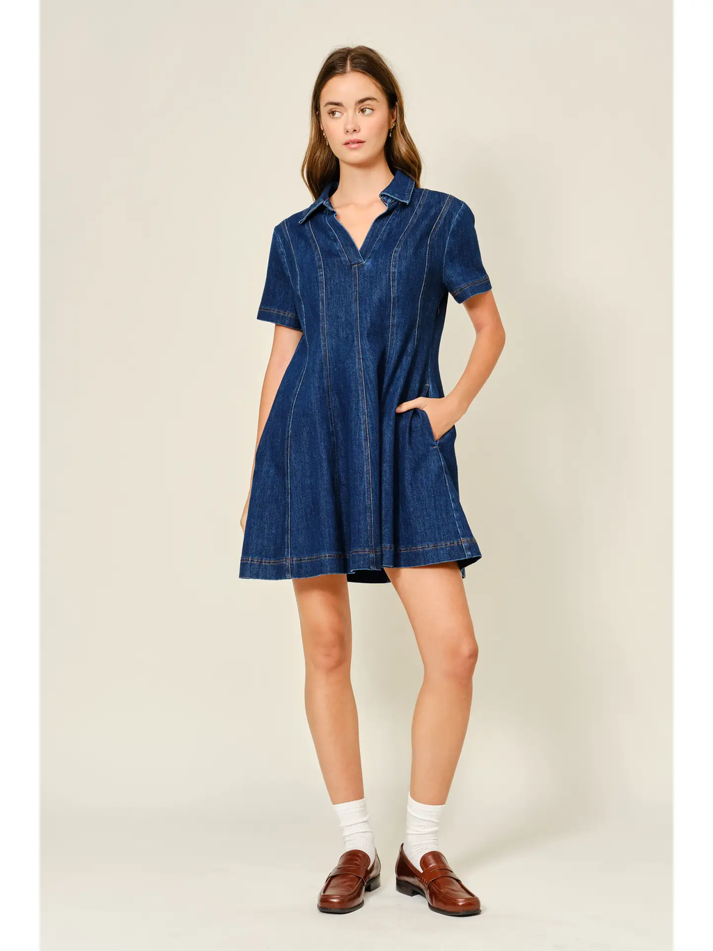 Dart Denim Short Sleeve A Line Dress