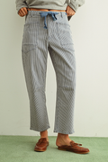 Striped Pattern Washed Barrel Pants with Belt - Blue