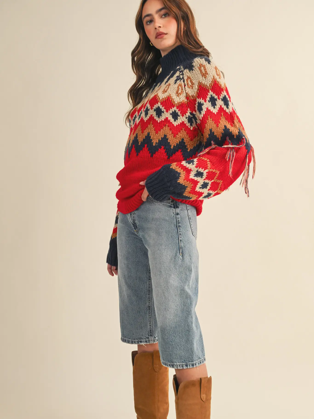 Mock Neck Fair Isle Fringe Sleeve Sweater