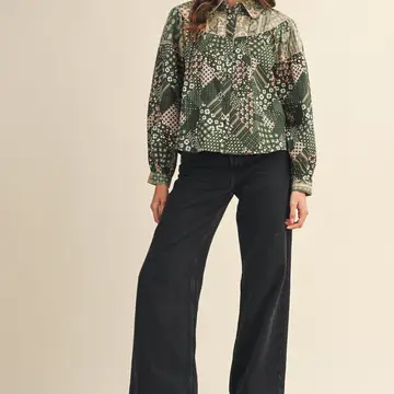 Mixed Patchwork Print Button Down Top - Green