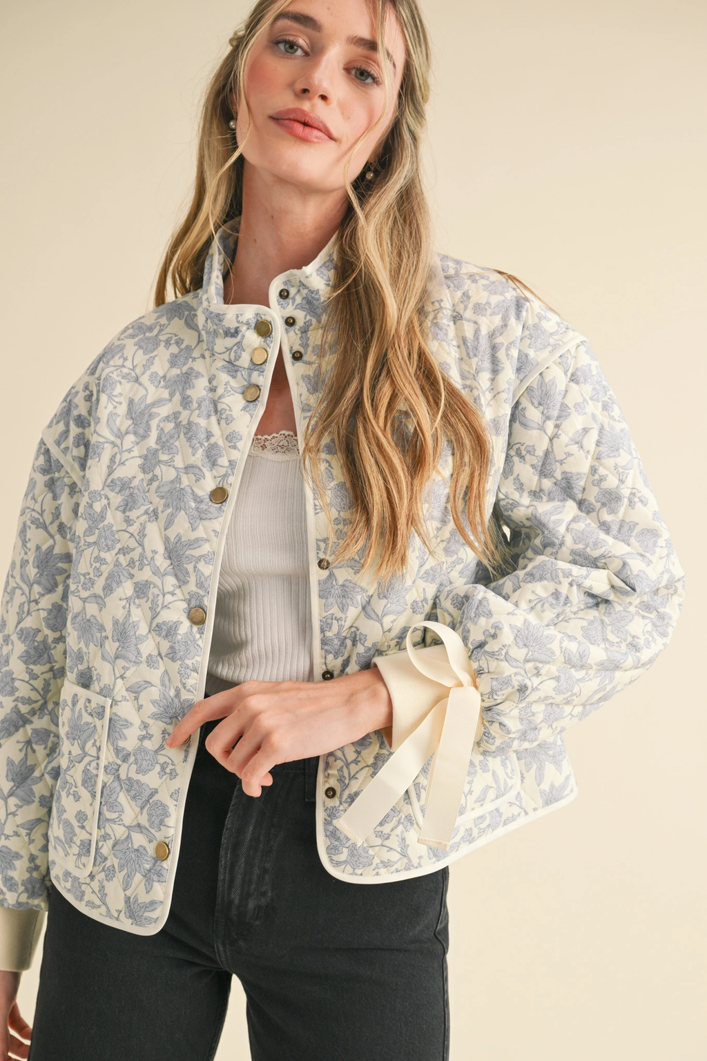 Floral Quilted Jacket with Ribbon Detail MJK3622
