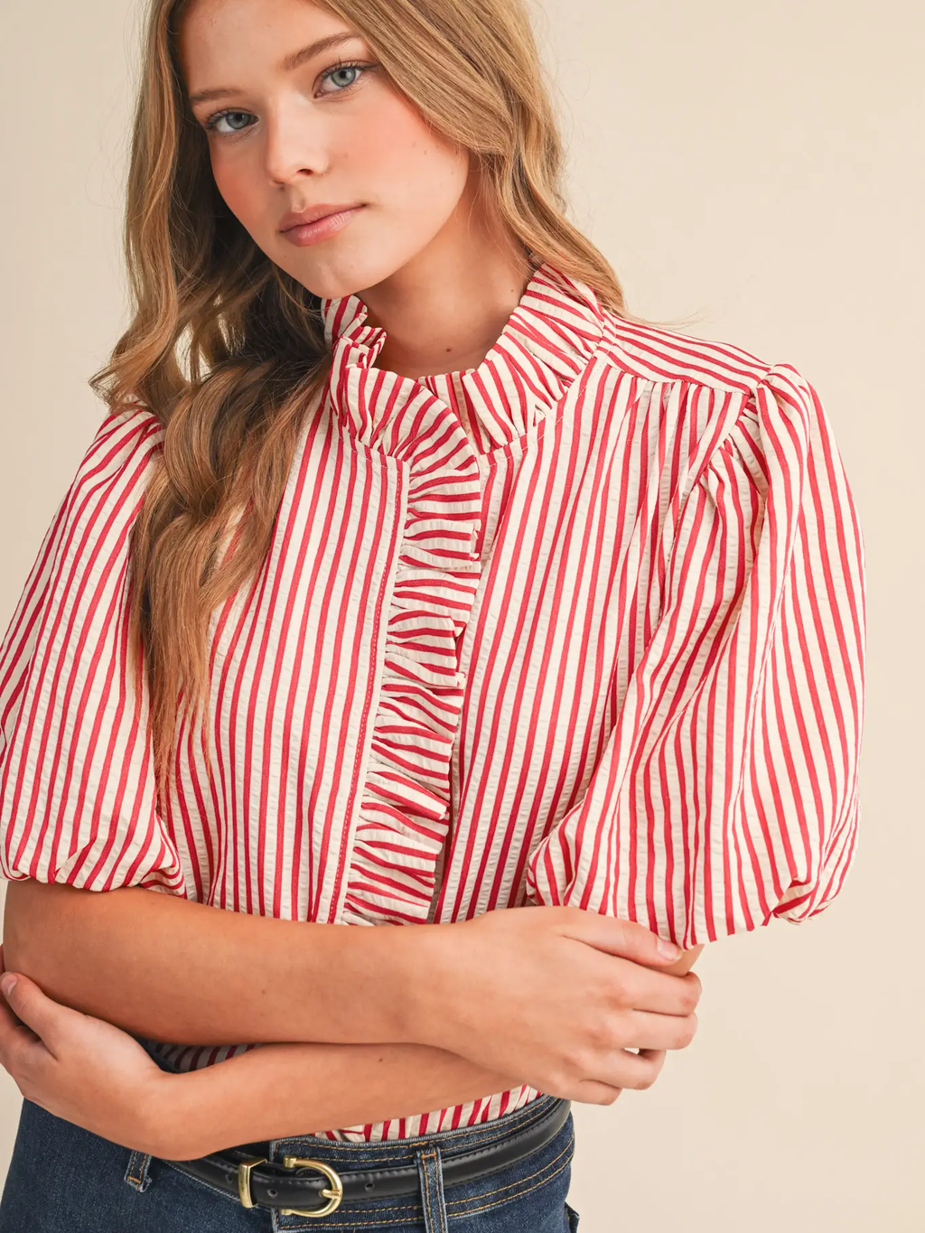 Striped Ruffled Button Down Top - BERRY RED