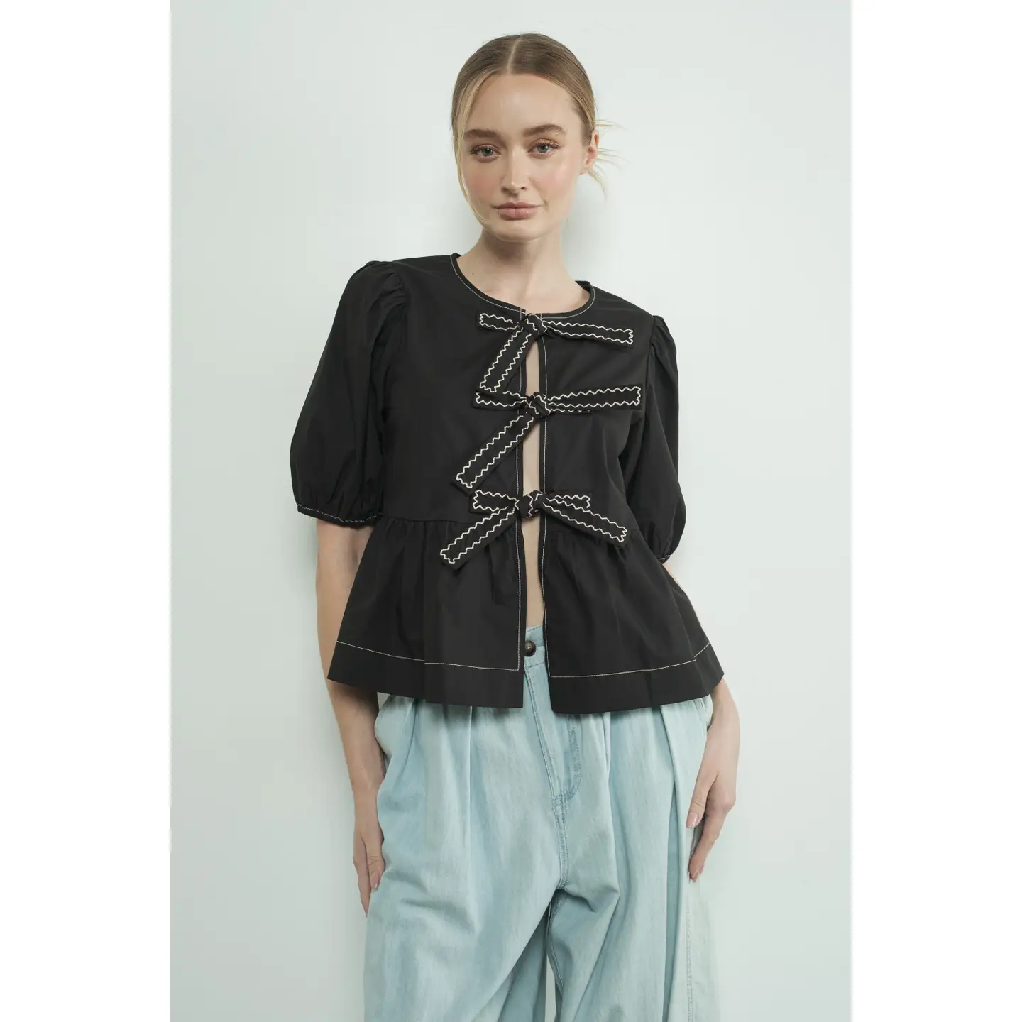 Embroidered Bow Tie Peplum Blouse - Black