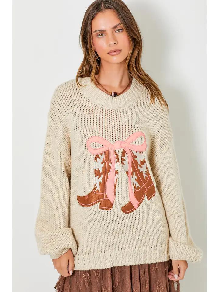 Cowboy Boots with Ribbon Knit Sweater