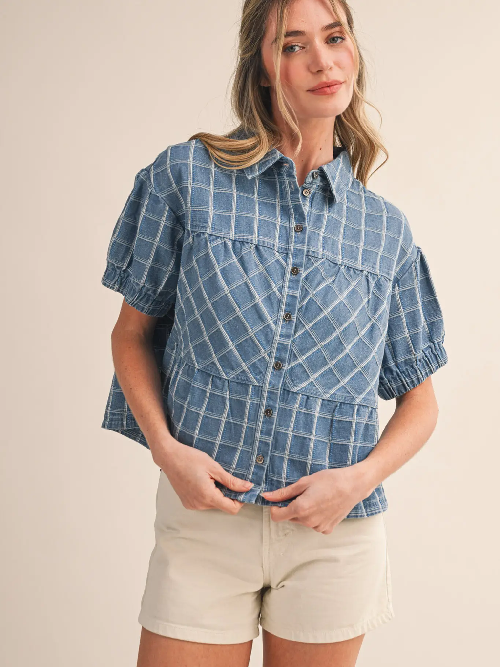 Checkered Denim Button Down Top