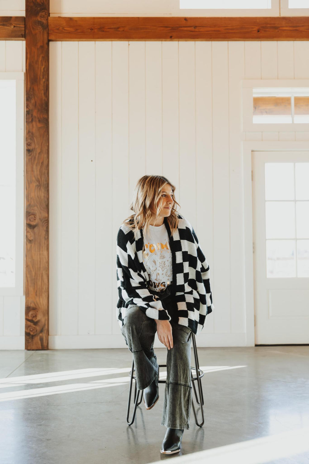 Check Dropped Shoulders Cardigan - Black & White
