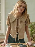 Gingham Pattern Sslv with Tie in Front Top - BLACK