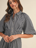 Striped Denim Bubble Sleeve Mini Dress - DENIM BLUE