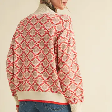 Floral Mock Neck Half Zip Pullover - CREME ORANCE MULTI