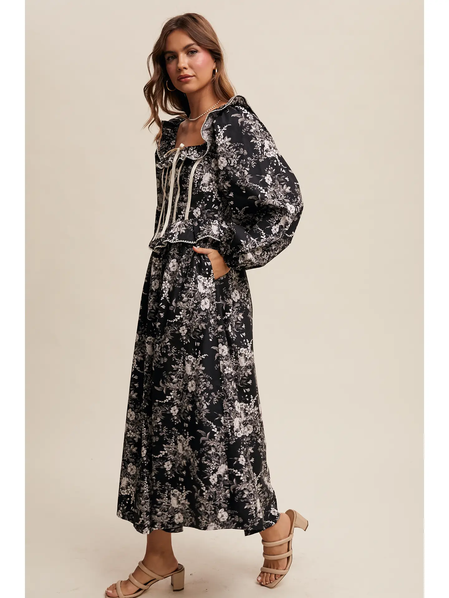 Floral Corset Ruffle Midi Dress - BLACK