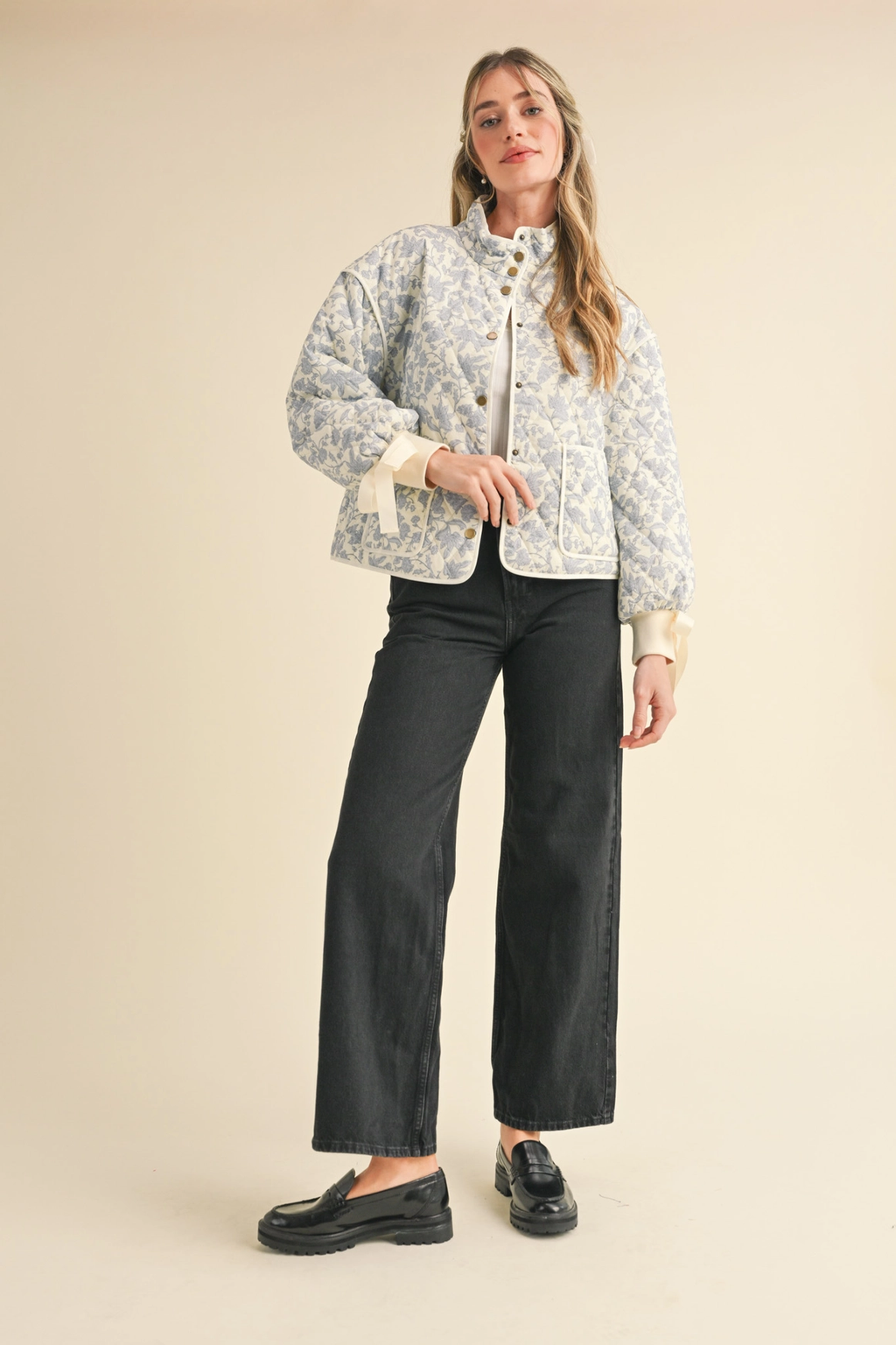 Floral Quilted Jacket with Ribbon Detail MJK3622