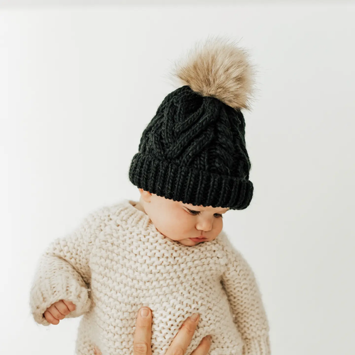 Black Pop Pom Pom Beanie Hat Baby & Kids