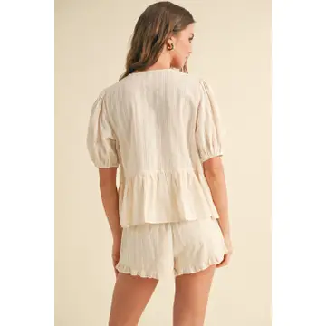 Striped Pattern Ruffled Blouse - Beige