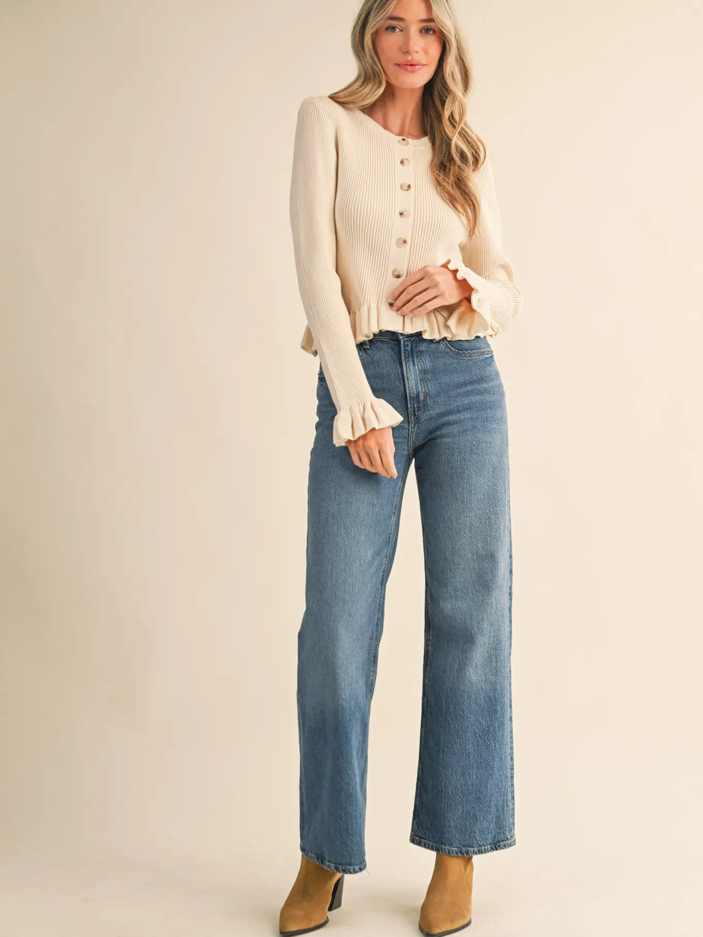 Ruffle Hem Ribbed Knit Sweater Cardigan - EGG SHELL