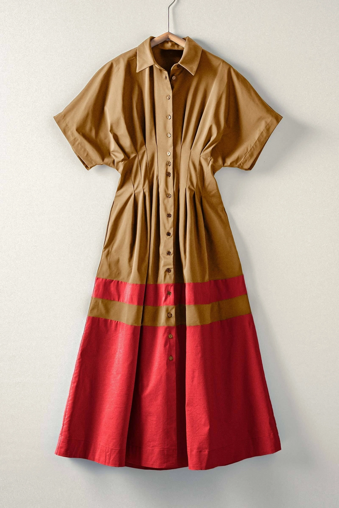 Colorblock Button-Up Cotton Midi Dress - CAMEL