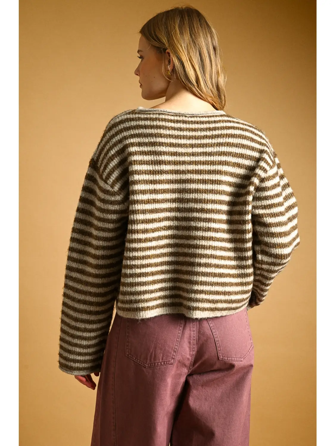 Striped Button Front Sweater Cardigan - MOCHA/OAT