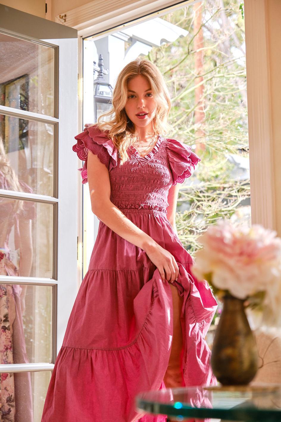 Cotton Poplin Ruffle Slv Smocked Bodice Midi Dress - Grape Nectar
