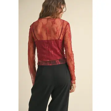 Long Sleeve Lace Fabric with Lining Insert Top - Wine