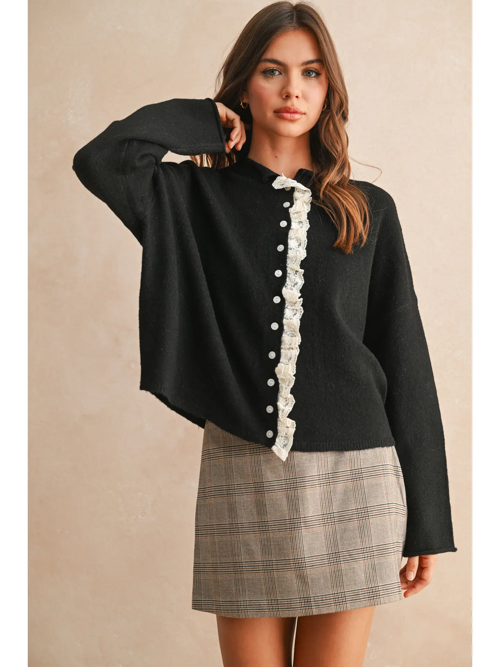 Button Front Lace Trim Knitted Cardigan - Black