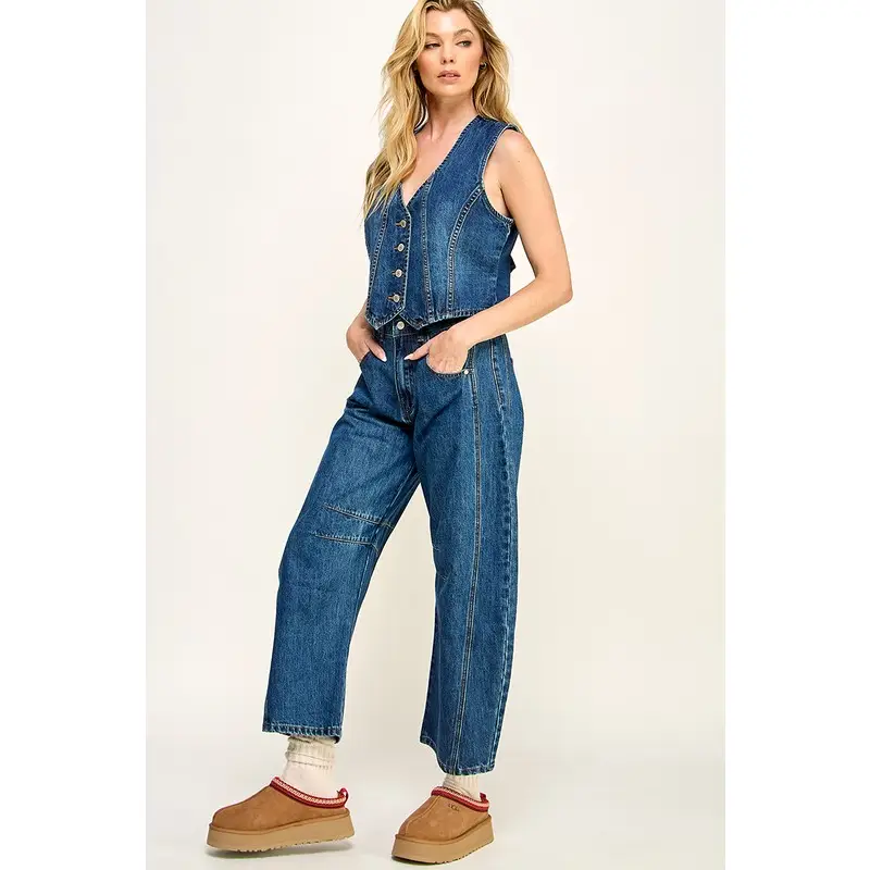 Mid Rise Fancy Dark Wash Barrel Jeans