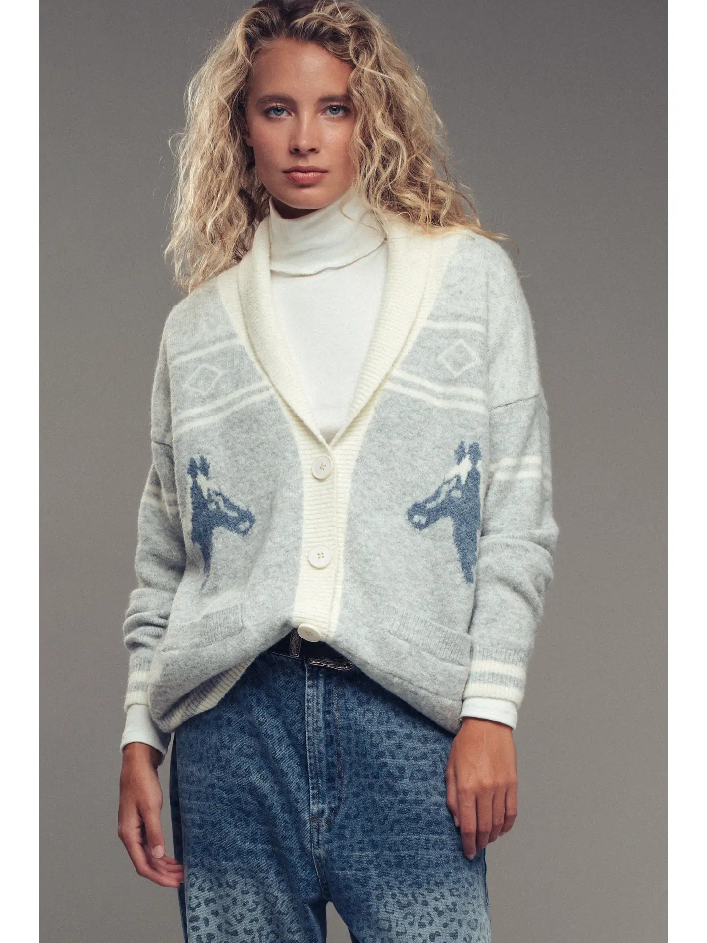 Horse Motif Shawl Collar Cardigan - GREY