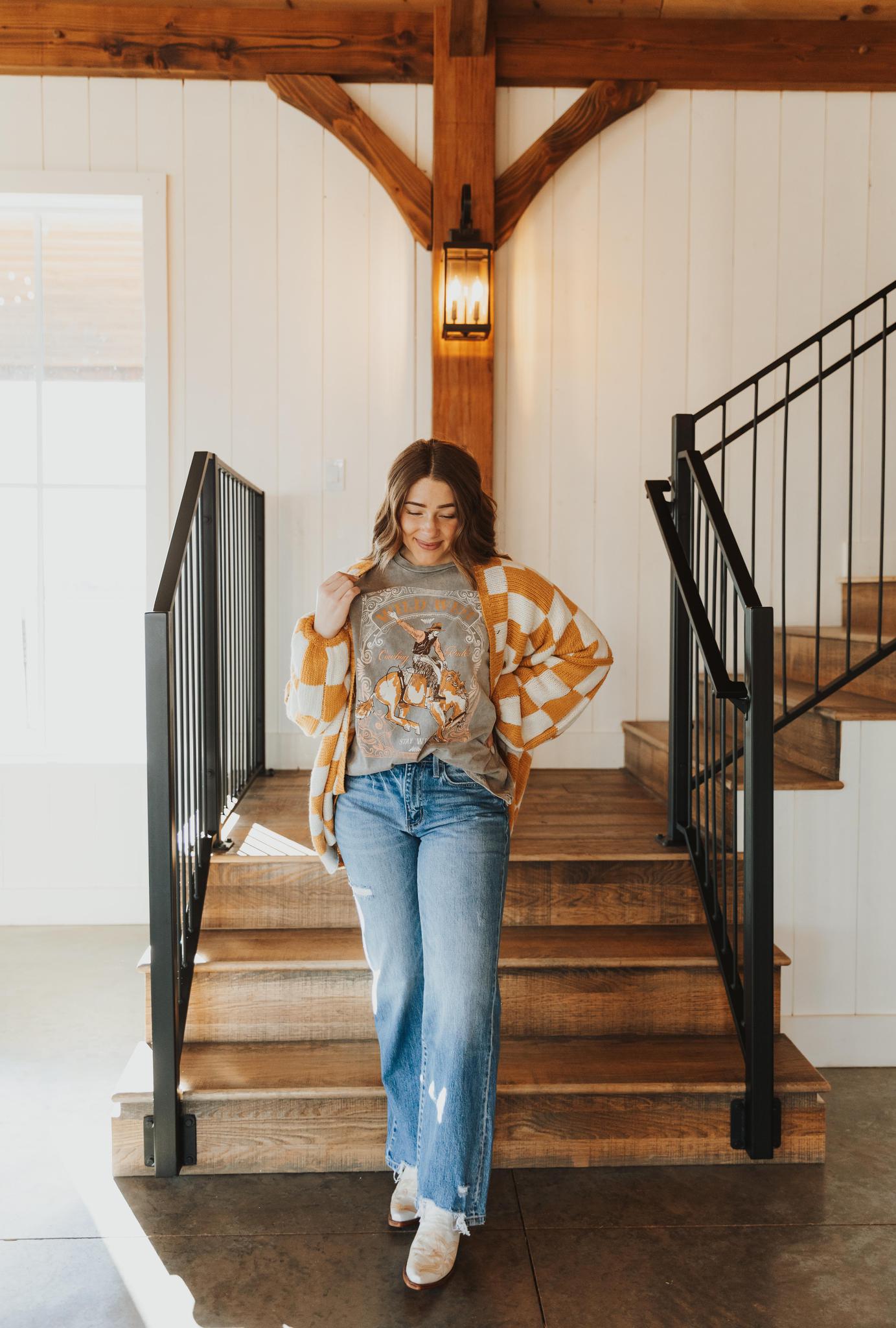 Check Dropped Shoulders Cardigan - White & Taupe