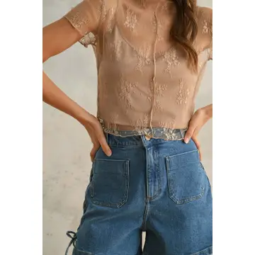 Lace Fabric with Tank Top Lined Top - Tan