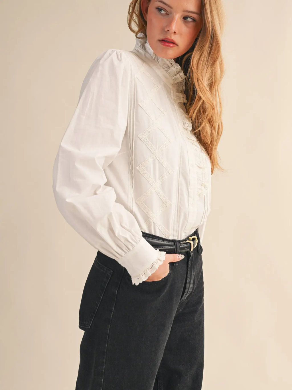 Ruffled Lace Trim Button Down Top - White