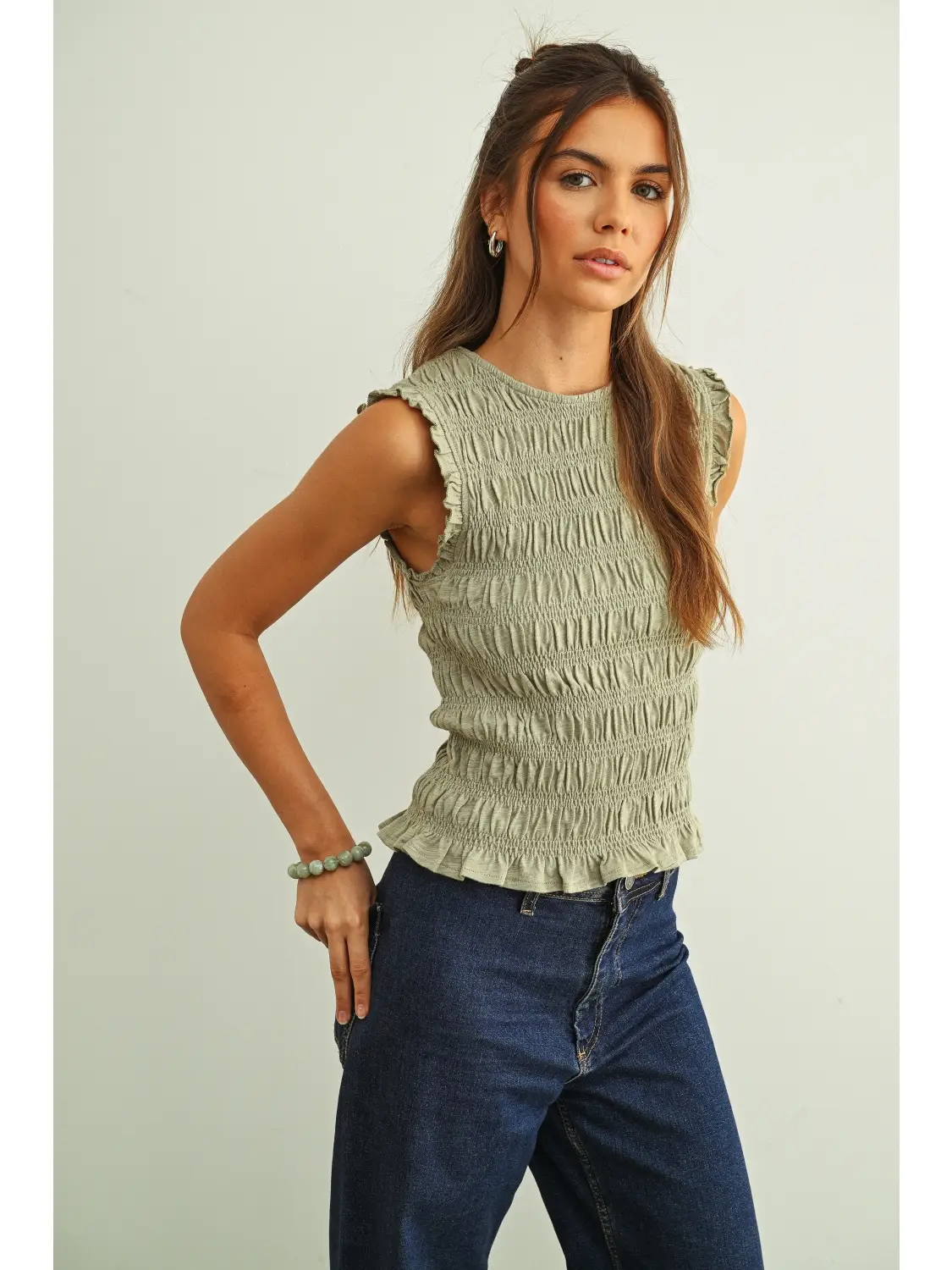 Sleeveless with All Over Smocking Top - SAGE
