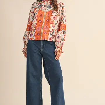 Exclusive Floral Border Print Top with Floral Trim - IVORY MULTI