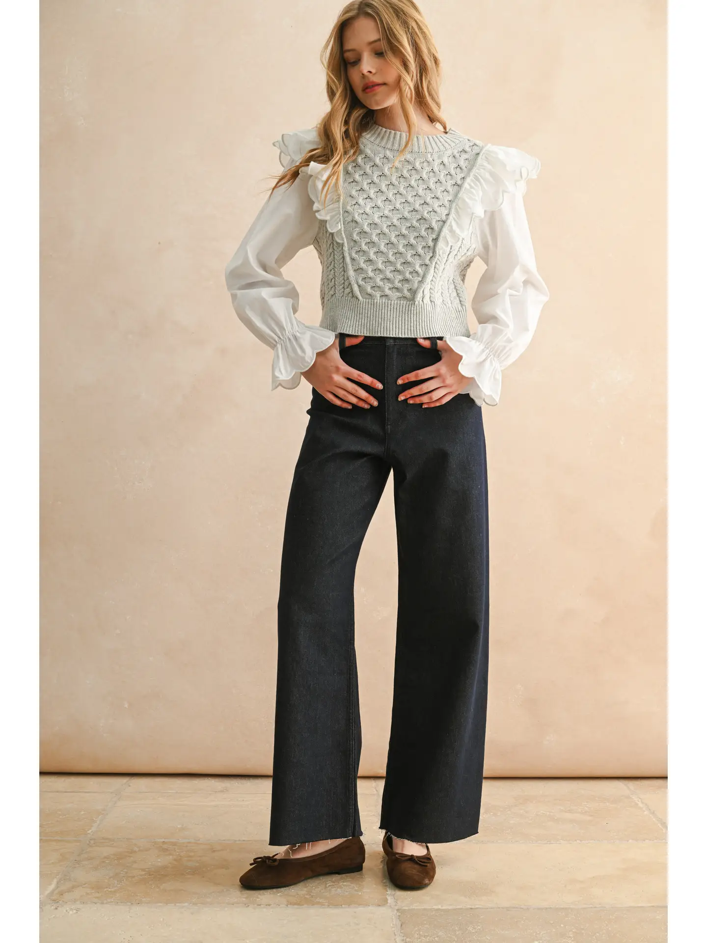 Ruffle Trimmed Long Sleeve Sweater Combo Blouse