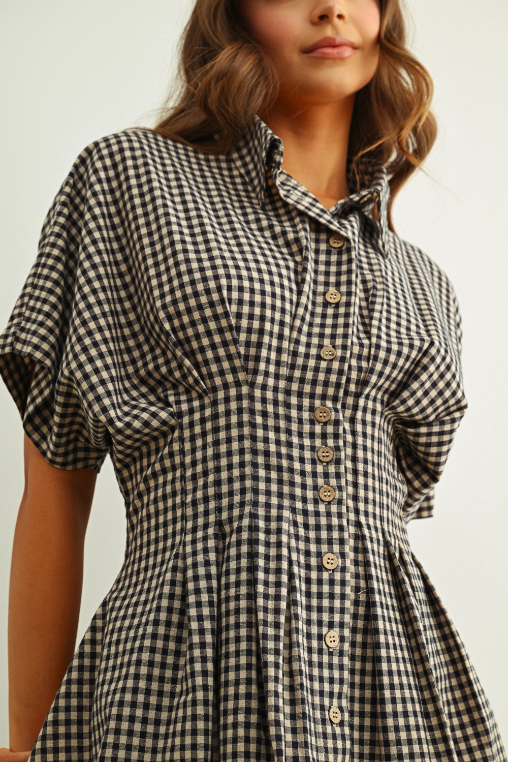 Gingham Patterned Shirt Dress - Navy