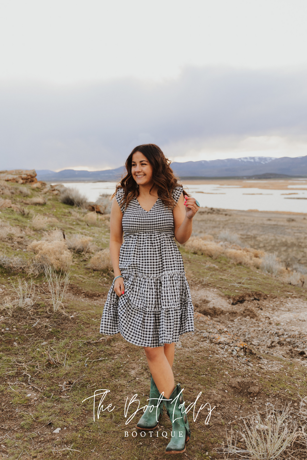 GINGHAM SMOCK DRESS EMBROIDERY - BLACK/WHITE