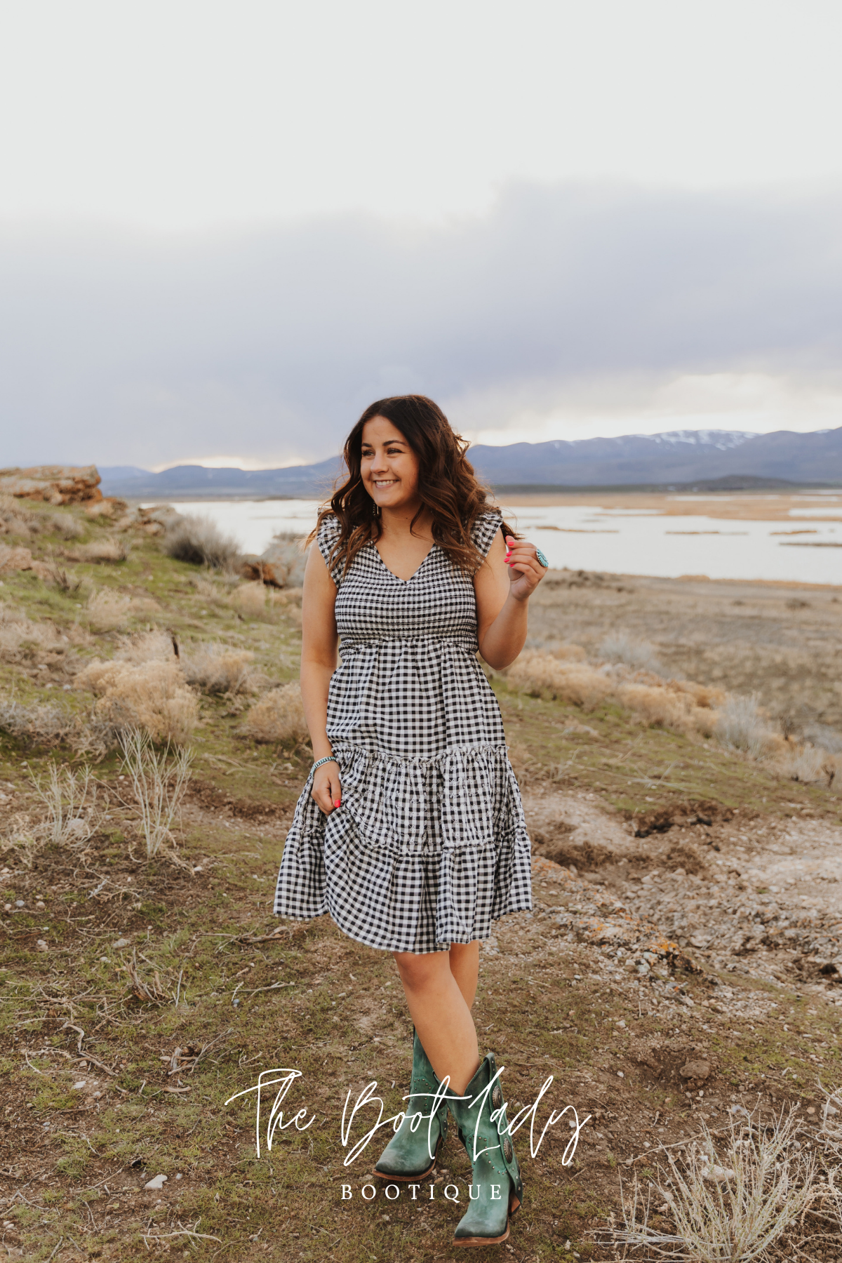 GINGHAM SMOCK DRESS EMBROIDERY - BLACK/WHITE