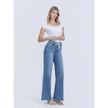 High Rise Double Buttons Drawstring Wide Leg Jeans