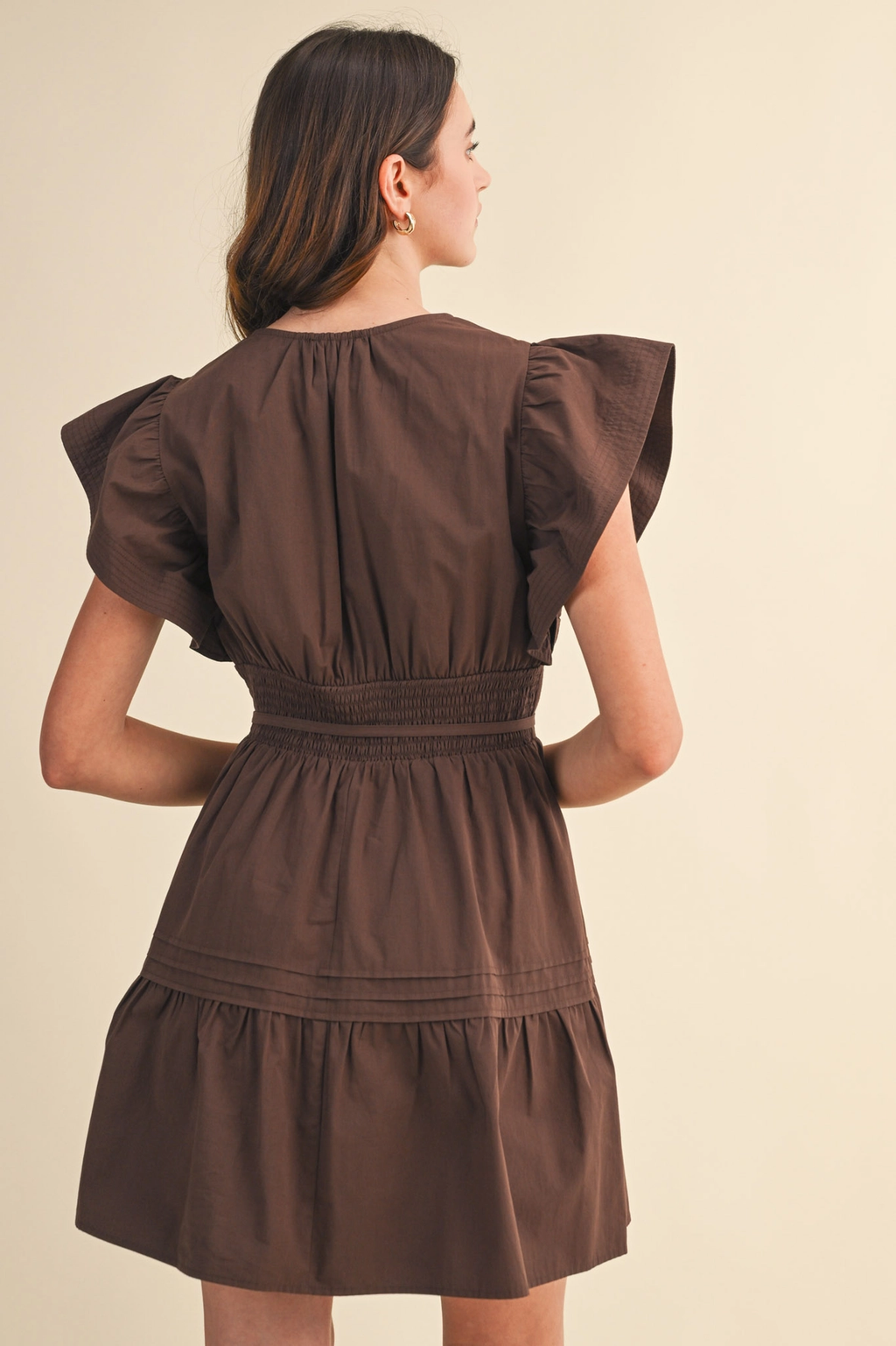 Embroidered Seam Pin Tuck Detail Mini Dress - COCOA BROWN