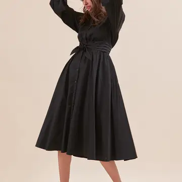 Pintuck Waist Tie Front Midi Dress - Black